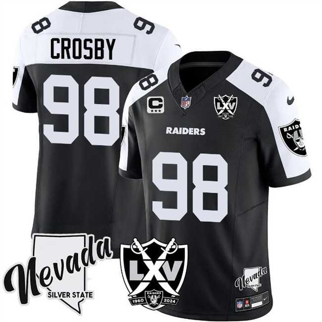 Men & Women & Youth Las Vegas Raiders #98 Maxx Crosby Black White 2024 F.U.S.E With Nevada Silver Stat Patch And 65th Anniversary Patch 3-Star C Patch Stitched Jersey